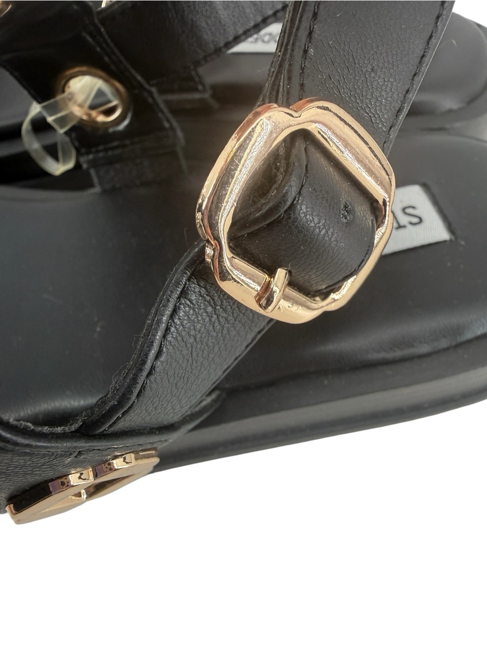 Steve Madden Tenacious Black Gold Studded Platform Sandals Womens 7.5 Gladiator - Picture 11 of 13